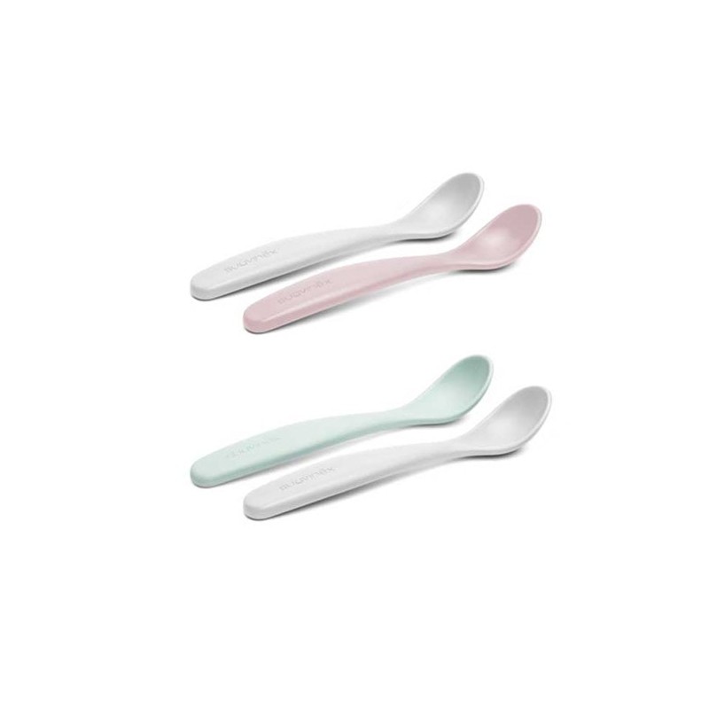 Suavinex Pack de Cucharas para Bebés – 2 Unidades (rosa y gris / verde y gris)